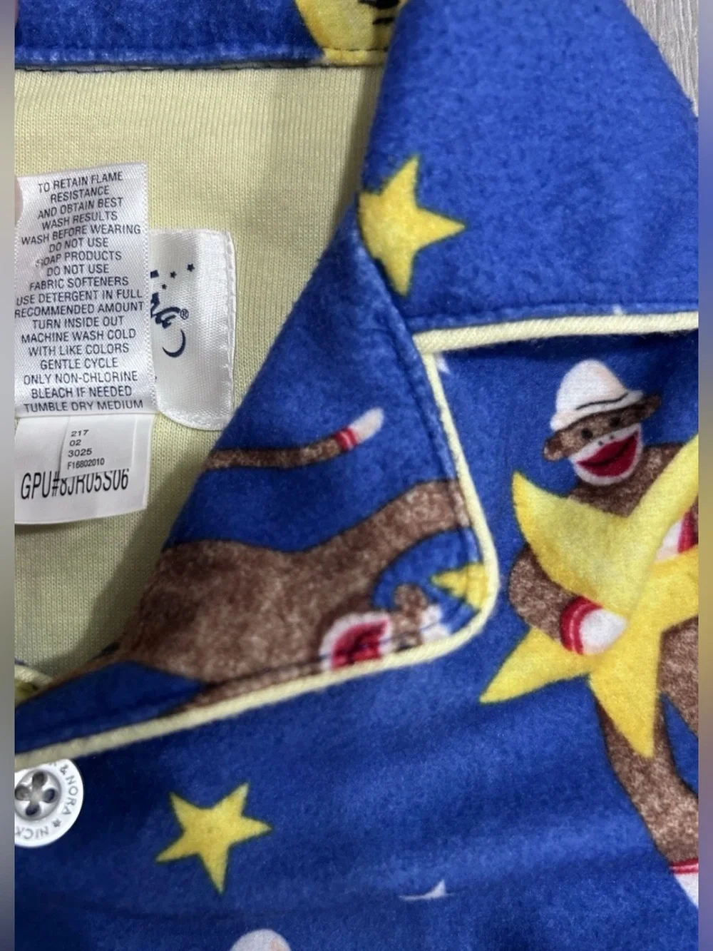 Nick & Nora Baby Pajamas 12M Sock Monkey Stars Moon Blue Fleece Button Up Top
